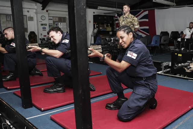Trainees using the digital laser range at HMS Excellent. Photo: LPhot Ben Corbett