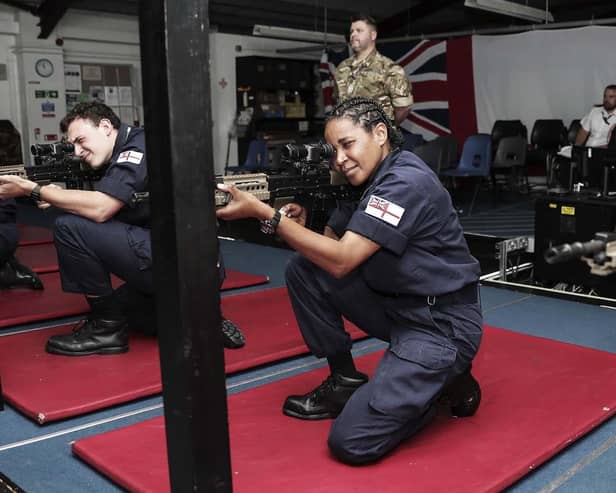 Trainees using the digital laser range at HMS Excellent. Photo: LPhot Ben Corbett