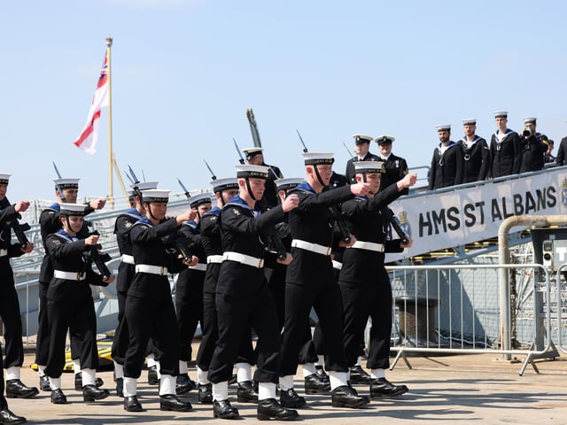Pictured is the ship's company marching during the HMNB Portsmouth ceremony. Picture: Royal Navy