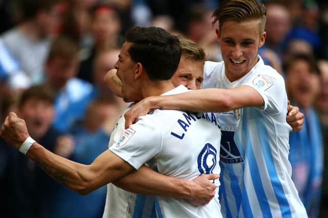 Ben Stevenson (far right) celebrates during Coventry's Checkatrade Trophy win against Oxford United at Wembley in April 2017. Picture: Charlie Crowhurst/Getty Images