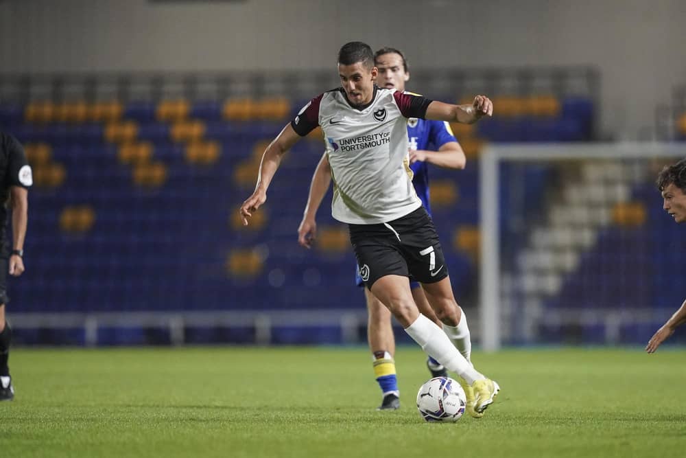 Portsmouth midfielder Gassan Ahadme in action during the EFL Trophy match between AFC Wimbledon and Portsmouth at Plough Lane, London, United Kingdom on 7 September 2021.