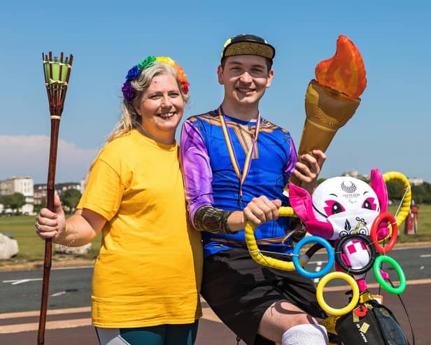 Mum Vanessa Salter with son Harley Salter at the start of their journey from Clarence Pier to South Parade Pier in 2021. Picture: Mike Cooter (210721)