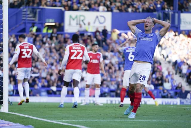 Michael Morrison is frustrated after another Pompey chance goes begging in Saturday's 1-1 draw with Fleetwood. Picture: Jason Brown/ProSportsImages