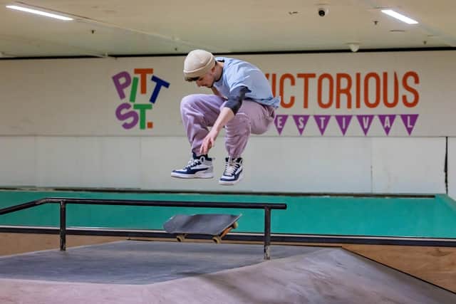 A skater tests out the ramps at the Pitt Street Skatepark. Picture: Mike Cooter (101222)