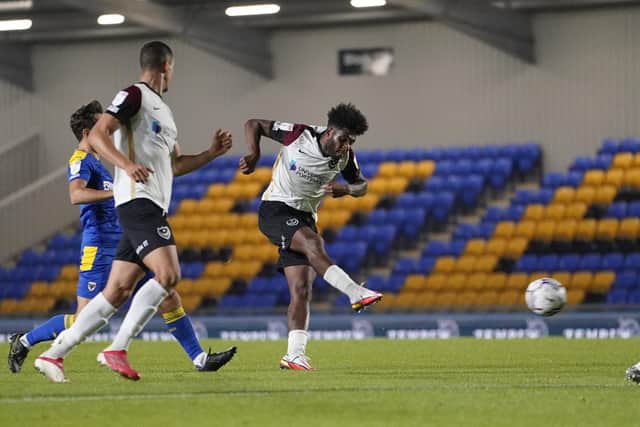 Ellis Harrison pulled a goal back for Pompey in first-half stoppage time at AFC Wimbledon in the Papa John's Trophy. Picture: Jason Brown/ProSportsImages