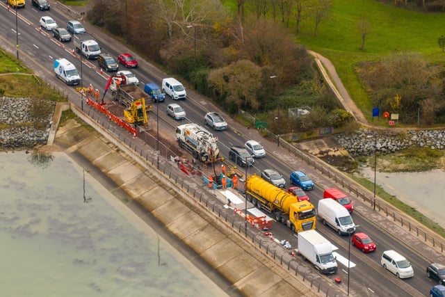 Drone photograph of traffic on Eastern Road. The road has been the scene of many serious and fatal crashes and has been described as a "death trap" by readers.