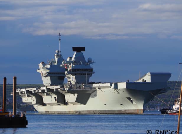 HMS Prince of Wales pictured leaving Portsmouth on Monday. Photo:  @RNPics_