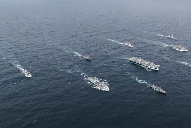 Pictured: The full UK carrier strike group made up of aircraft carrier HMS Queen Elizabeth, leading a flotilla of destroyers and frigates from the UK, US and the Netherlands, together with two Royal Fleet Auxiliaries. It is the most powerful task force assembled by any European Navy in almost 20 years.