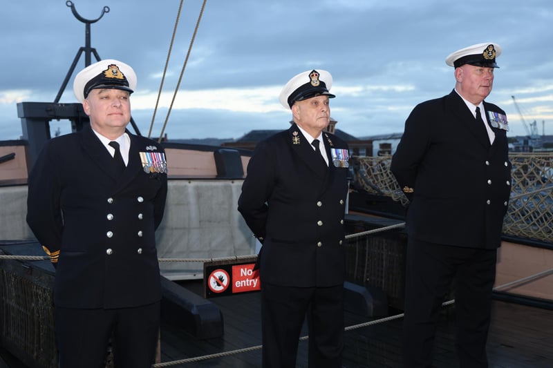 Pictured: Morning colours being conducted before the HMS Victory ceremony.
