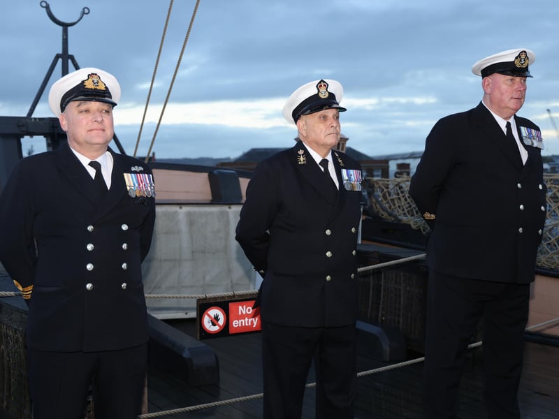 Pictured: Morning colours being conducted before the HMS Victory ceremony.