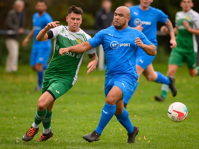 Paulsgrove's Mike Mallory, right, and Moneyfields' Callum Laycock. Picture: Keith Woodland