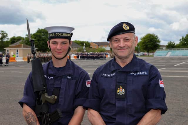 The youngest and oldest sailors taking part in this parade to mark the Queen's jubilee AB James Fry, 18, left, with WO1 Tony Matthews, 64, right. Photos by Alex Shute