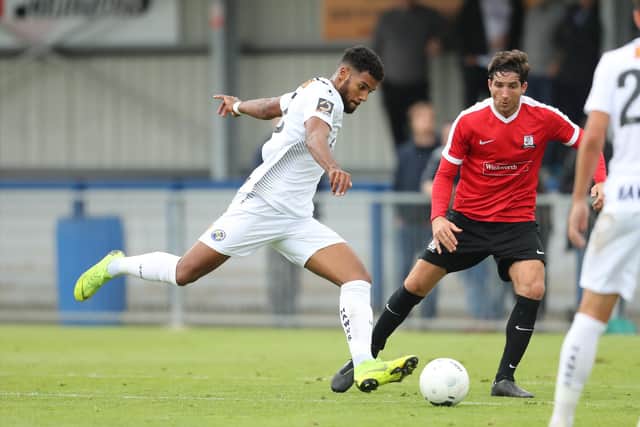 Jonah Ayunga scores Hawks' winner at Billericay on Tuesday. Photo by Dave Haines.