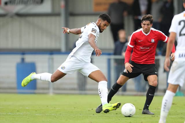 Jonah Ayunga scores Hawks' winner at Billericay on Tuesday. Photo by Dave Haines.