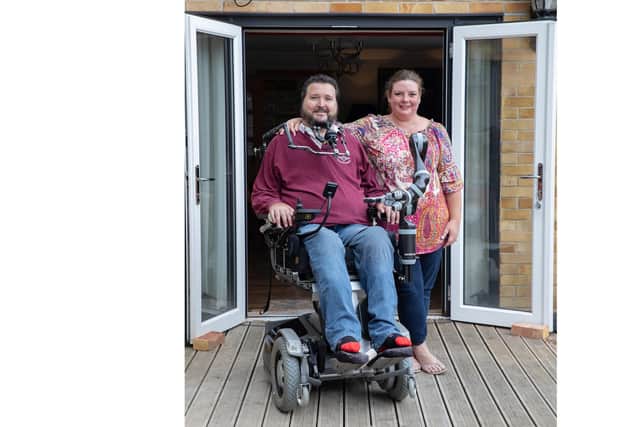 Jon Noble pictured with his wife Glynnis, who he met in 2007 and married last year on Zoom,