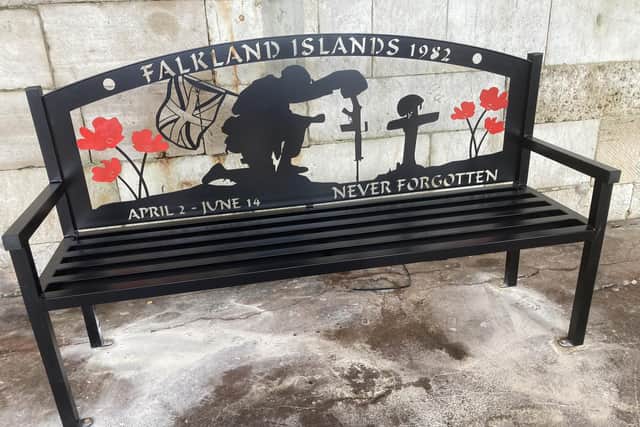 A Falklands memorial bench at the Square Tower, Old Portsmouth.