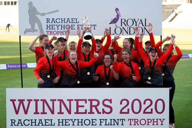 The Southern Vipers celebrate winning the 2020 Rachael Heyhoe Flint Trophy. Pic: Dave Vokes.