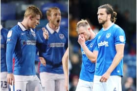 Andy Cannon and Jack Whatmough dejected after Pompey concede in their defeat to Sunderland, left, and Christian Burgess and Matt Clarke crestfallen following the Blues' defeat to Bury in the 2017-18 season. Pictures: Joe Pepler