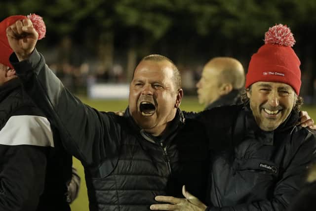 Horndean boss Michael Birmigham celebrates his side's Wessex League title win. Picture by Martin Denyer