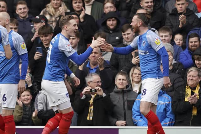 Goalscorer Ryan Tunnicliffe celebrates with Ronan Curtis after netting in the 4-0 win over Cheltenham. Picture: Jason Brown/ProSportsImages