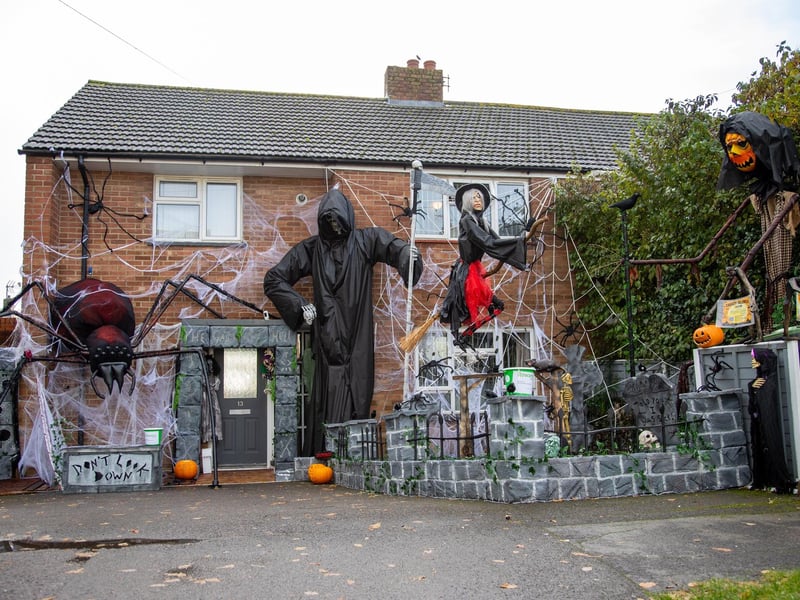 Becky Donnelley has dressed her house in giant homemade Halloween decorations in aid of raising money for The Rowans hospice

Pictured - Incredible handmade Halloween displays in Becky's front garden

Photos by Alex Shute