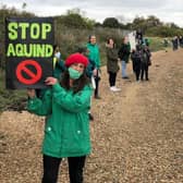 Protesters make their voices heard over the plans for Aquind to run interconnector cables through Portsmouth. Pictured: Eastney resident Lynne Harvey on October 10, 2020 Picture: Richard Lemmer