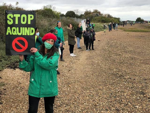 Protesters make their voices heard over the plans for Aquind to run interconnector cables through Portsmouth. Pictured: Eastney resident Lynne Harvey on October 10, 2020 Picture: Richard Lemmer