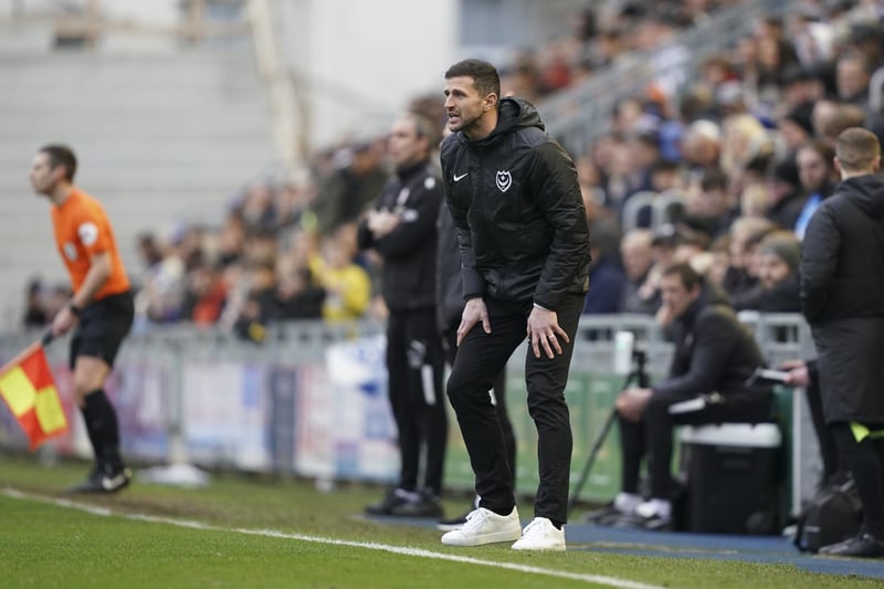Pompey head coach John Mousinho conducts things from the touchline during the visit of Barnsley to Fratton Park. Picture: Jason Brown/ProSportsImages