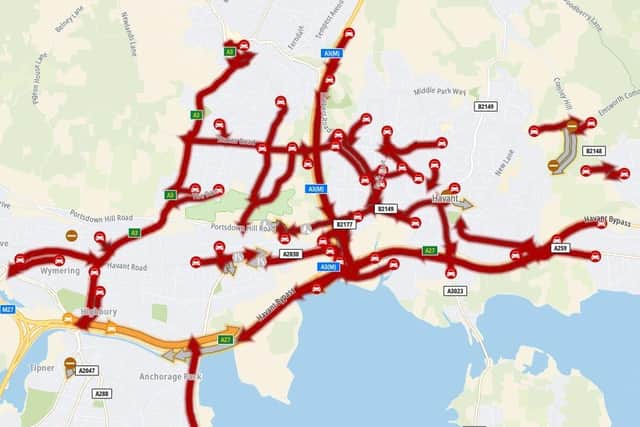 A map showing delays on the A27 westbound at Eastern Road and the areas around it.