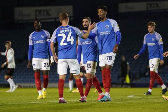 Reeco Hackett is congratulated after scoring Pompey's second goal in their Hampshire Senior Cup win over Southampton B. Picture: Jason Brown/ProSportsImages