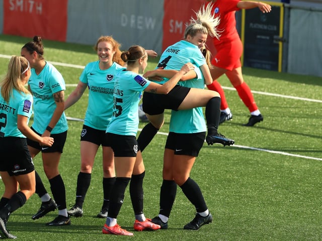 Emma Jones is congratulated by Pompey skipper Danielle Rowe after scoring. Picture: Dave Haines