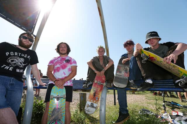 From left, Dylan Faulkener, Matt Bowen, Jack Gray, Harvey Watson-Newman and Ash Cripps at the Hayling Island skatejam. Picture: Chris Moorhouse (jpns 170721-40)