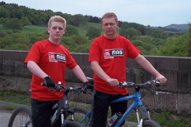 Buxton residents Lucas and Don Mitchell training for the Peak District Bike Ride in 2011