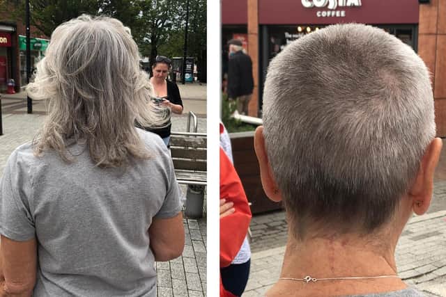 Jane Williams from Waterlooville braved the shave to raise funds for Macmillan Cancer Support. Pictured: Jane before and after