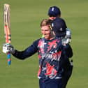 Zak Crawley celebrates  his century at The Ageas Bowl. Picture: Adam Davy.