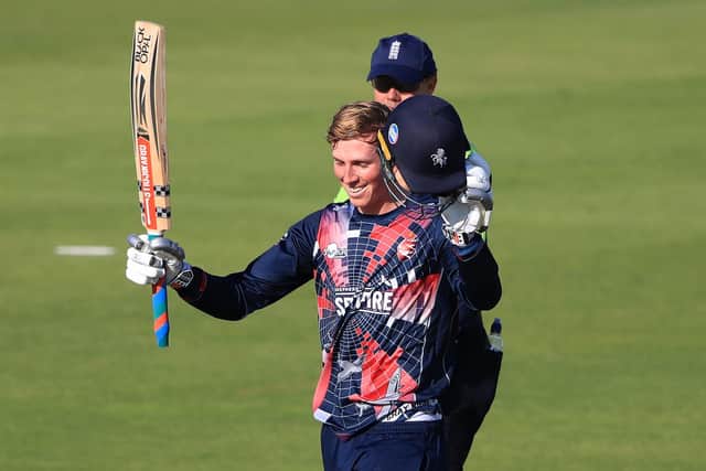 Zak Crawley celebrates  his century at The Ageas Bowl. Picture: Adam Davy.