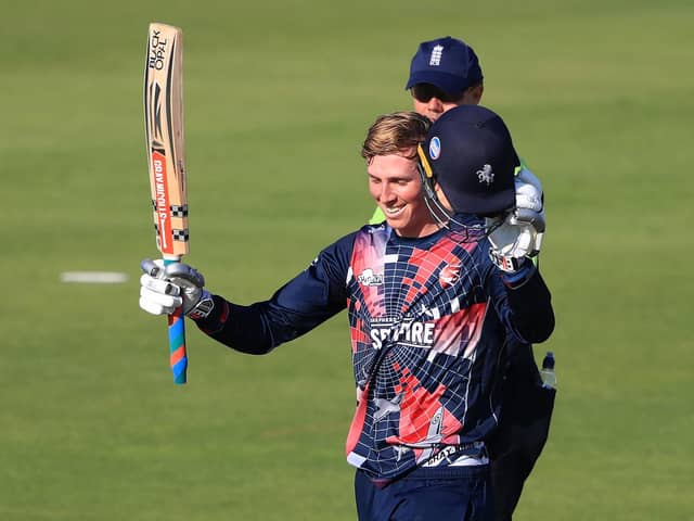 Zak Crawley celebrates  his century at The Ageas Bowl. Picture: Adam Davy.
