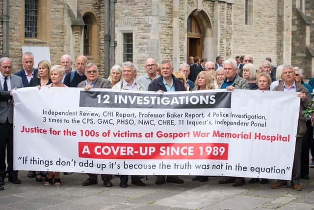 Members of the families of people who died at Gosport War Memorial Hospital outside Portsmouth Cathedral after the disclosure of the Gosport Independent Panel's report on June 20, 2018. Picture: Dominic Lipinski/PA Wire