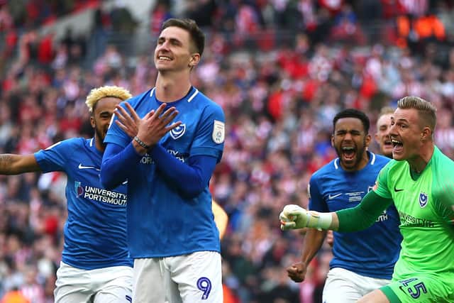 Oli Hawkins celebrates scoring the winning penalty for Pompey in their 2019 Checkatrade Trophy final victory against Sunderland at Wembley.  Picture: Jordan Mansfield/Getty Images