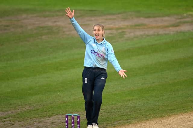 Charlie Dean has been named in the England squad for this winter's multi-format series against Australia Down Under. Photo by Alex Davidson/Getty Images.