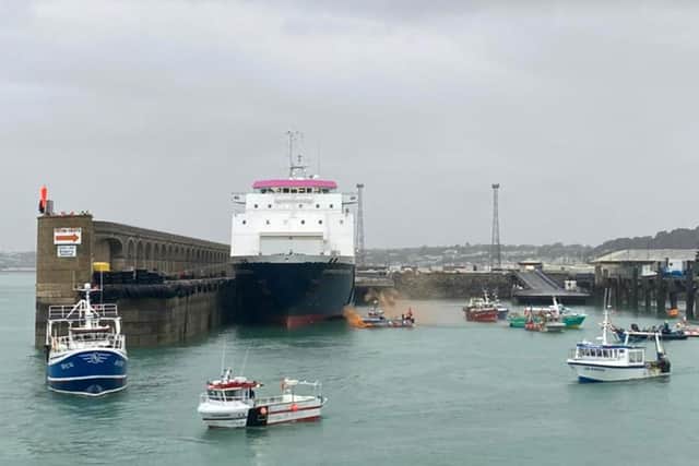 French fishing vessels staging a protest outside the harbour at St Helier, Jersey, Channel Islands, in a row over post-Brexit fishing rights Picture: Josh Dearing/PA Wire