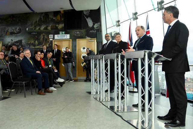 (left to right) Foreign Secretary James Cleverly, Australian Minister for Foreign Affairs Senator Penny Wong, Defence Secretary Ben Wallace and Australian Deputy Prime Minister Richard Marles during a press conference at the Spinnaker Tower. Picture: Toby Melville/PA.