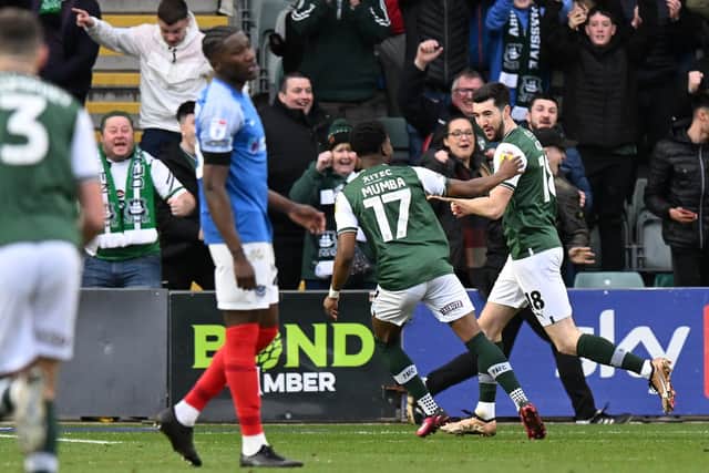 Finn Azaz celebrates Plymouth's second goal in their 3-1 win against Pompey.