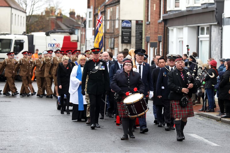 Havant Remembrance Sunday Service.

Pictured is action from the event.

The parade is taking place at St Faiths War Memorial with Deputy Lieutenant Major General James Balfour CBE DL in attendance, along with the Mayor of Havant, Alan Mak MP and the Leader of Havant Borough Council, Councillor Alex Rennie.
At 10.35 am the Parade leaves Royal British Legion Ex-servicemenâ€™s club, Brockhampton Lane, into Park Road South along Elm Lane before turning into North Street. Bagpiper Denton Smith will be accompanied by drums courtesy of Hampshire Caledonian Pipe Band. Then at 10.50 am the parade assembles at War memorial outside St Faiths Church ahead of an Act of Remembrance at the War Memorial outside St Faiths Church at 10.52am, followed by a two-minuteâ€™s silence at 11am. A Remembrance Service will then take place inside St Faiths Church.

Sunday 12th November 2023.

Picture: Sam Stephenson.