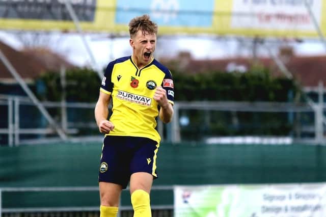 Mason Walsh celebrates after netting for Gosport against Merthyr. Picture: Tom Phillips