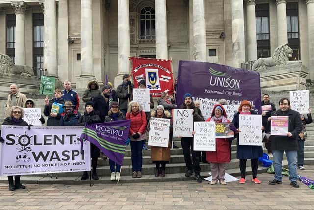 Union members united on the steps of the Portsmouth Guildhall in protest of the cost of living on Marh 5, 2022. Picture: Jon Woods