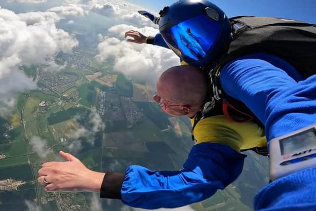 FREE FALLING: Matt Cooper of HWB begins his 15,000 ft skydive in aid of Mountbatten Hampshire