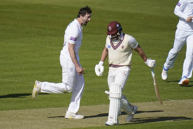 Hampshire's James Fuller took the first three Somerset wickets on day three of the Championship curtain-raiser at The Ageas Bowl. Picture: Andrew Matthews/PA Wire.