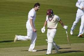 Hampshire's James Fuller took the first three Somerset wickets on day three of the Championship curtain-raiser at The Ageas Bowl. Picture: Andrew Matthews/PA Wire.