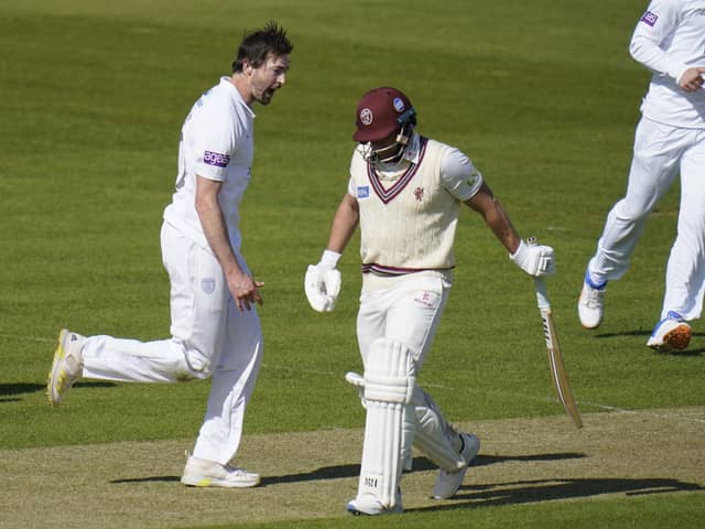 Hampshire's James Fuller took the first three Somerset wickets on day three of the Championship curtain-raiser at The Ageas Bowl. Picture: Andrew Matthews/PA Wire.